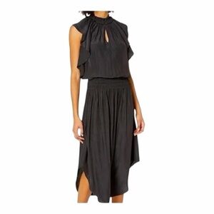 RAMY BROOK NEW YORK Black Smocked and Ruffled Wrenn Midi Dress. Size Medium.